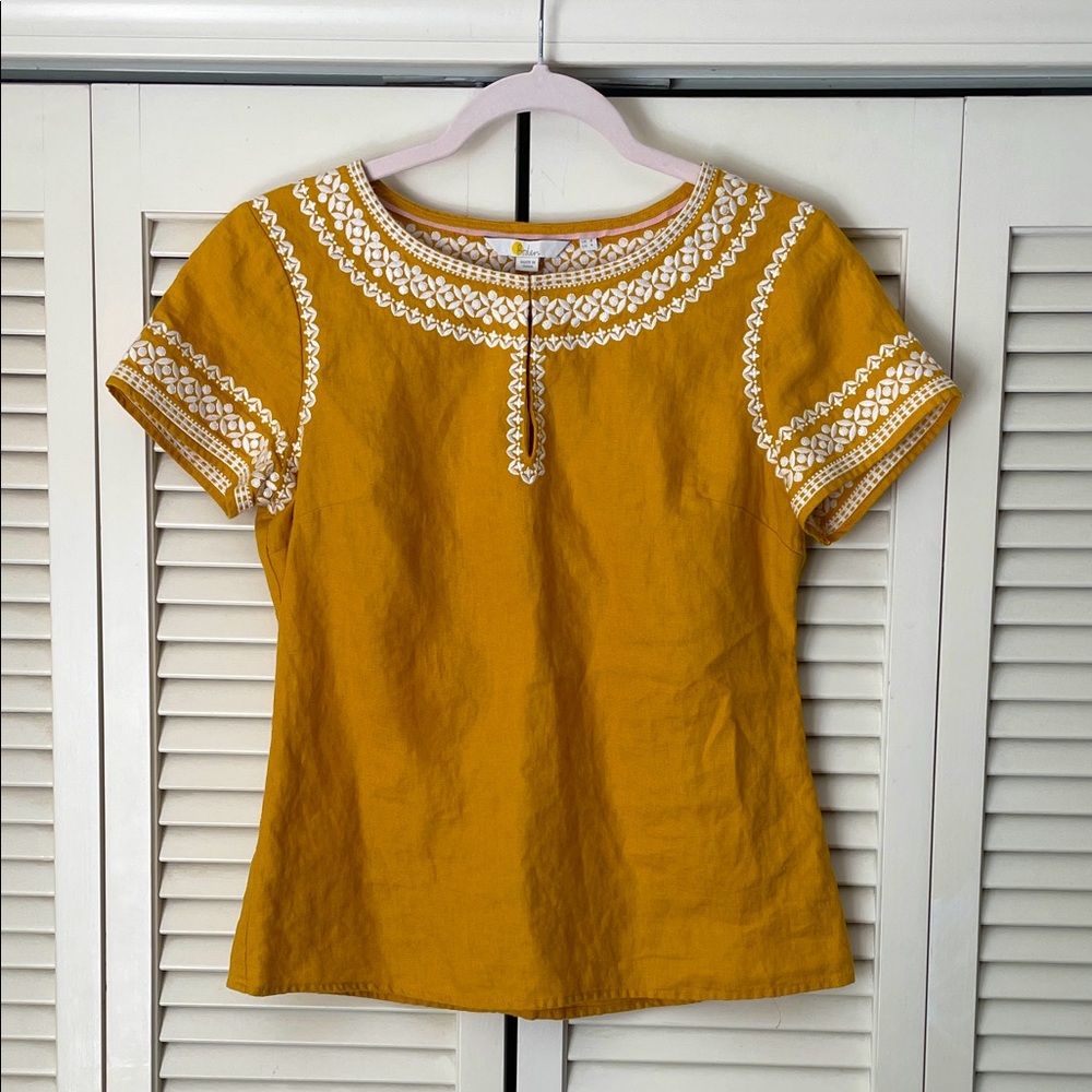 Boden linen top w/ white embroidered detail Sz 4 mustard yellow keyhole